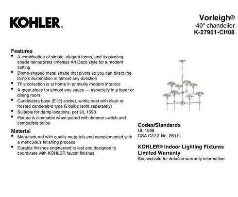 Kohler Vorleigh 8-Light Chandelier Polished Brass 27951-CH08-2PL