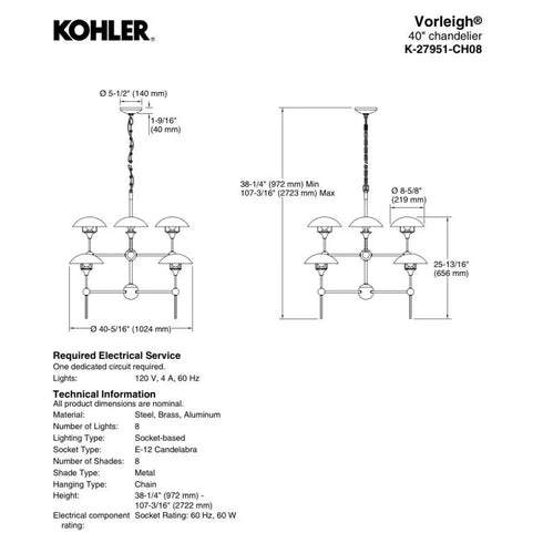 Kohler Vorleigh 8-Light Chandelier Polished Nickel 27951-CH08-SNL
