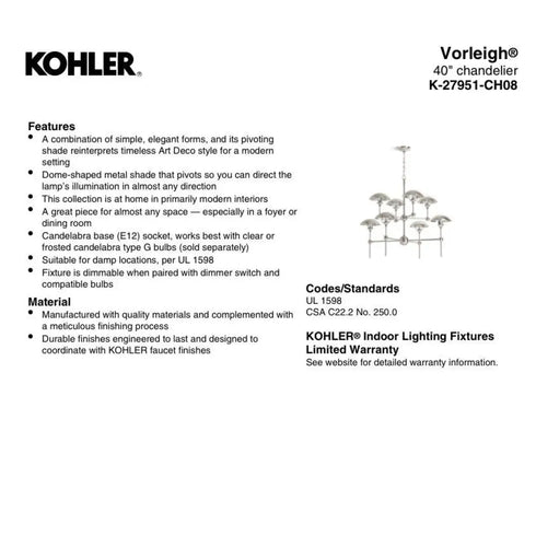 Kohler Vorleigh 8-Light Chandelier Polished Nickel 27951-CH08-SNL