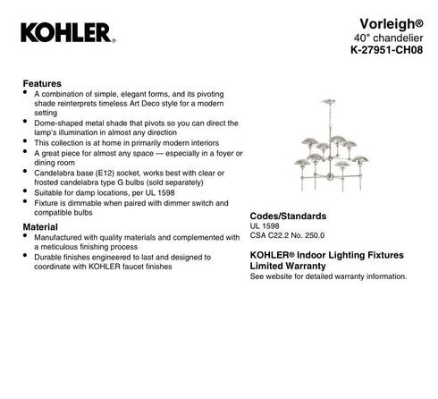Kohler Vorleigh 8-Light Chandelier Polished Nickel 27951-CH08-SNL