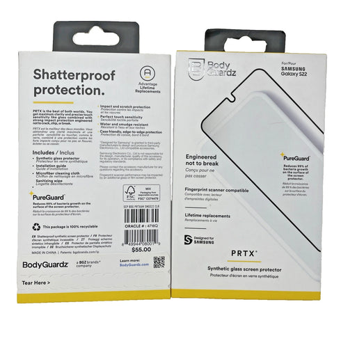Screen Protector for Samsung Galaxy S22 Tempered Glass BodyGuardz PRTX
