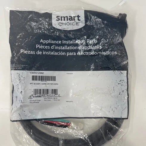 Smart Choice 4-Wire Dryer Power Cord 30 Amp 6 ft - P/N 5304492442 (New, Open Bag)