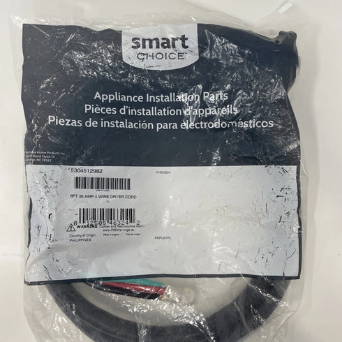 Smart Choice 4-Wire Dryer Power Cord 30 Amp 6 ft - P/N 5304492442 (New, Open Bag)