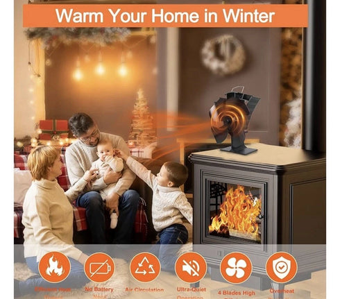 Tomersun 4 Blades Heat Powered Stove Fan for Wood/Log Burner/Fireplace
