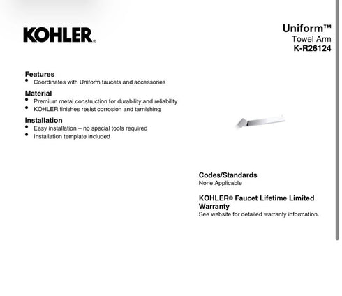 Kohler Uniform Towel Arm K-R26124-BN - Vibrant Brushed Nickel (Discontinued Finish)